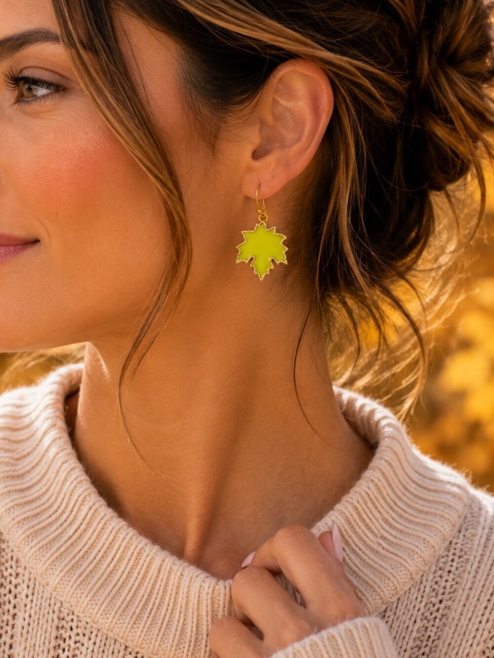 Chartreuse Green Enamel Maple Leaf Dangle Earrings Gold Fall Thanksgiving